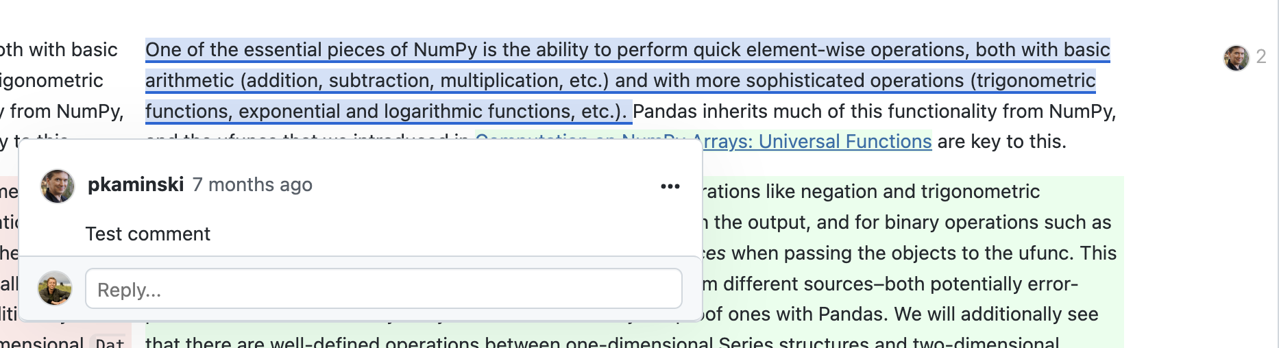 Image demonstrating viewing a markdown comment